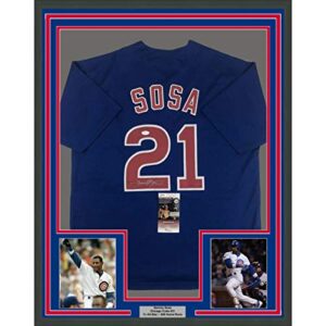 framed autographed/signed sammy sosa 33x42 chicago blue baseball jersey jsa coa