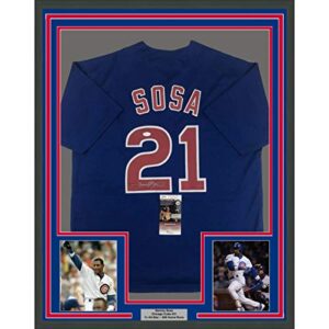 Framed Autographed/Signed Sammy Sosa 33x42 Chicago Blue Baseball Jersey JSA COA