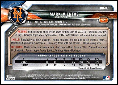 2018 Bowman Draft #BD-67 Mark Vientos RC Rookie New York Mets MLB Baseball Trading Card