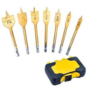 Werktough 7Pcs Wood Flat Drill Bit Set Spade Drill Bit Set Spade Wood Drill Titanium Plated in Hard Plastic Case