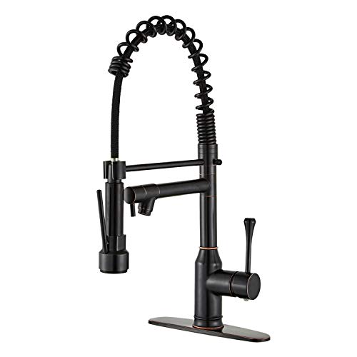 Kitchen Faucets with Pull Down Sprayer - Beelee Oil Rubbed Bronze Kitchen Faucet with Deck Plate, Single Handle Commercial Faucets for Camper Farmhouse RV Kitchen Sink, Grifos De Cocina