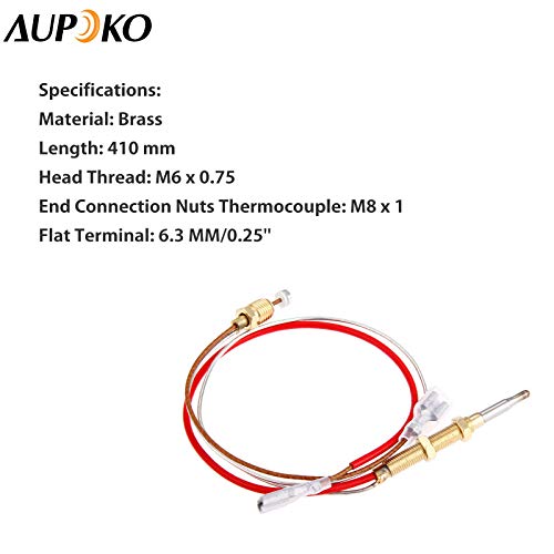Aupoko Patio Heater Thermocouple, Outdoor Heater Replacement Parts M8 x 1 End Connection Nuts Thermocouple 410 mm Length M6 x 0.75 Head Thread with 6.3 MM/0.25'' Flat Terminal