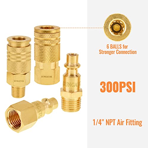 SUNGATOR Air Fittings, (16-Piece) Air Coupler and Plug Kit, Solid Brass Quick Connector Set, Industrial 1/4" NPT Air Tool Fittings Set with Storage Case