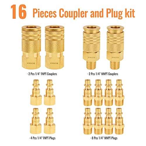 SUNGATOR Air Fittings, (16-Piece) Air Coupler and Plug Kit, Solid Brass Quick Connector Set, Industrial 1/4" NPT Air Tool Fittings Set with Storage Case