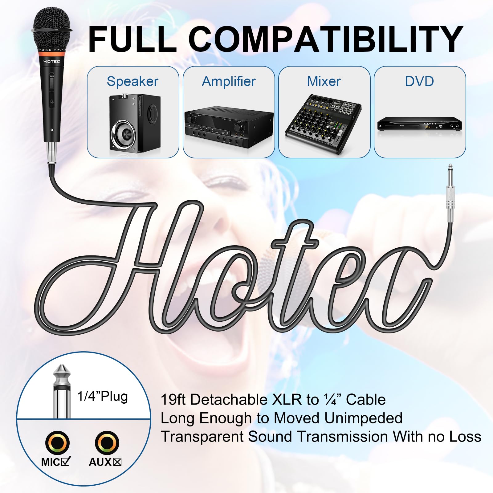 HOTEC Premium Vocal Dynamic Handheld Microphone with 19ft Detachable XLR Cable and ON/Off Switch (Metal Black) (H-W07)