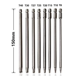 Saiper 8 Pieces 1/4 Inch Hex Shank Torx Security Head Screw Driver Bit Magnetic Star S2 Steel Screwdriver Set Bits T8-T40, 150mm/6 Inch Long