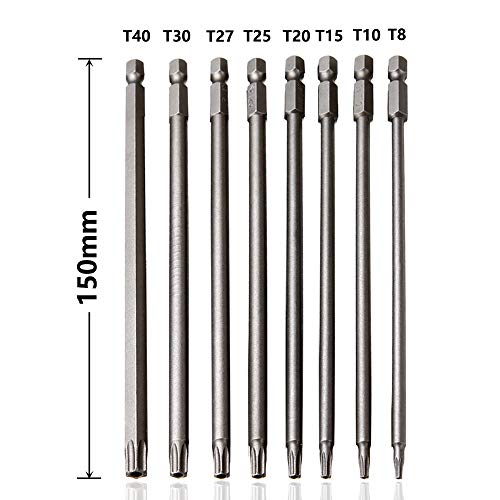 Saiper 8 Pieces 1/4 Inch Hex Shank Torx Security Head Screw Driver Bit Magnetic Star S2 Steel Screwdriver Set Bits T8-T40, 150mm/6 Inch Long