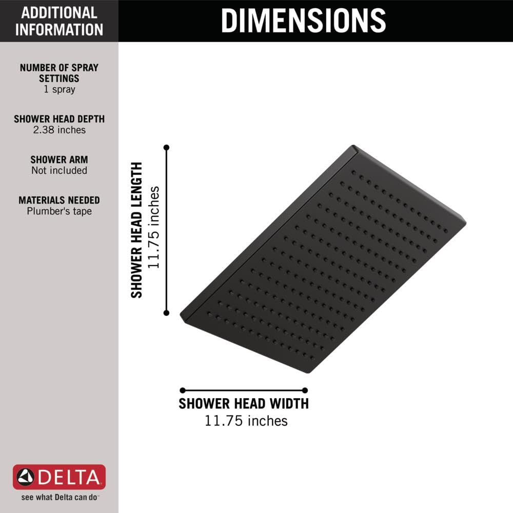 Delta Faucet Single-Spray Raincan Shower Head, Black Shower Head, Rainfall Shower Head, Square Shower Head, Metal Shower Head, 2.5 GPM Flow Rate, Matte Black 52159-BL25