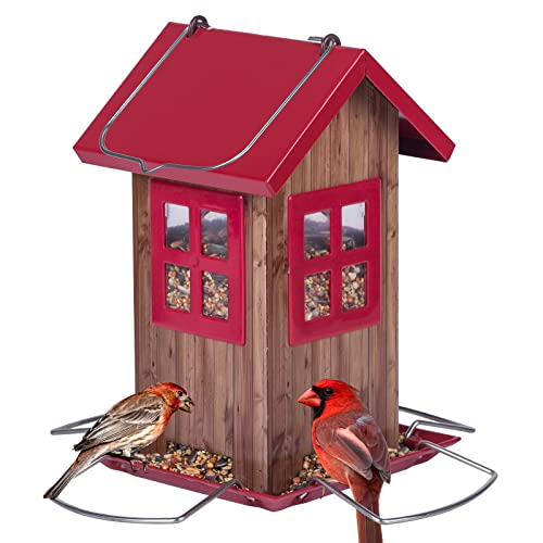 Kingsyard Cute Bird House Feeders for Outside, Hanging Metal Bird Feeder with 4 Ports, Outdoor Garden Decorations for Bird Watching