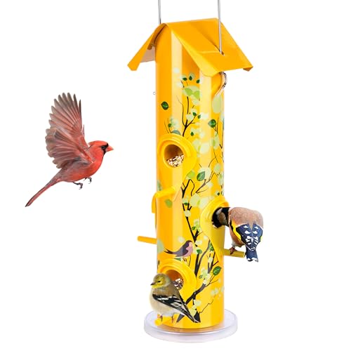 Kingsyard Metal Bird Feeders for Outdoors Hanging, 6-Ports Tube Bird Feeder, 14 inch, Durable & Weatherproof, Large Capacity for Attracting Wild Birds (Yellow)