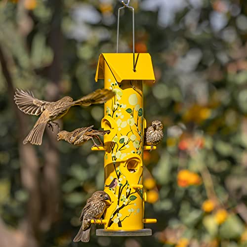 Kingsyard Metal Bird Feeders for Outdoors Hanging, 6-Ports Tube Bird Feeder, 14 inch, Durable & Weatherproof, Large Capacity for Attracting Wild Birds (Yellow)