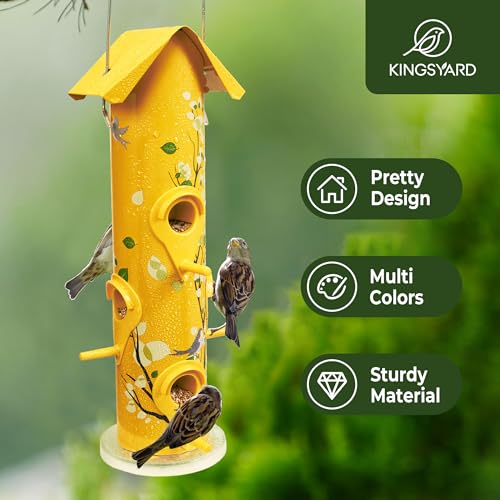 Kingsyard Metal Bird Feeders for Outdoors Hanging, 6-Ports Tube Bird Feeder, 14 inch, Durable & Weatherproof, Large Capacity for Attracting Wild Birds (Yellow)