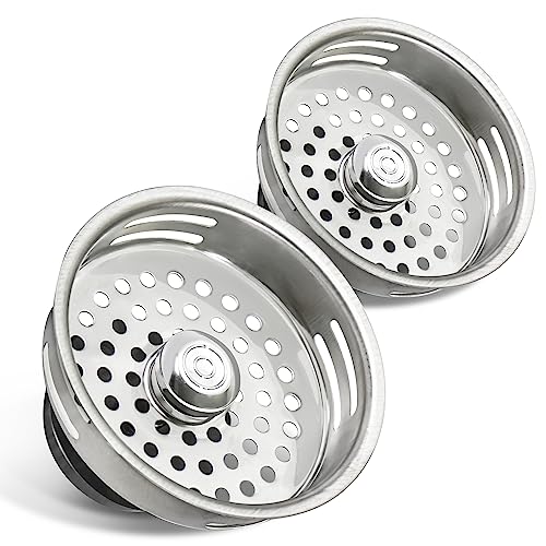 HIGHCRAFT 9843-2 Stainless Steel Kitchen Sink Strainer Basket Replacement for Standard Drains (3-1/2 Inch) -Universal Style Rubber Stopper (Pack of 2)