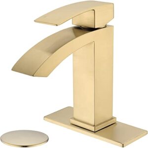 trustmi bathroom faucet square shaped brass brushed gold vanity sink faucet heavy duty single handle single hole waterfall lavatory faucet, 6" deck plate and overflow pop up drain included