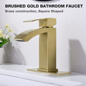 TRUSTMI Bathroom Faucet Square Shaped Brass Brushed Gold Vanity Sink Faucet Heavy Duty Single Handle Single Hole Waterfall Lavatory Faucet, 6" Deck Plate and Overflow Pop Up Drain Included