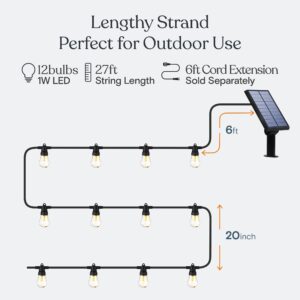 Brightech Ambience Pro Solar Powered Outdoor String Lights - Commercial Grade Patio Lights with 27 Ft Edison Bulbs - Shatterproof LED Solar String Lights, Christmas - 1W 12 Bulbs, Warm White Light