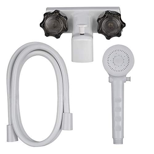 RecPro 4" RV Tub and Shower Diverter Faucet White/Smoke with Handheld Shower Head & Hose