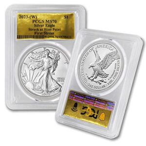 2023 (w) 1 oz american silver eagle coin ms-70 (first strike - struck at west point - gold foil label) $1 ms70 pcgs