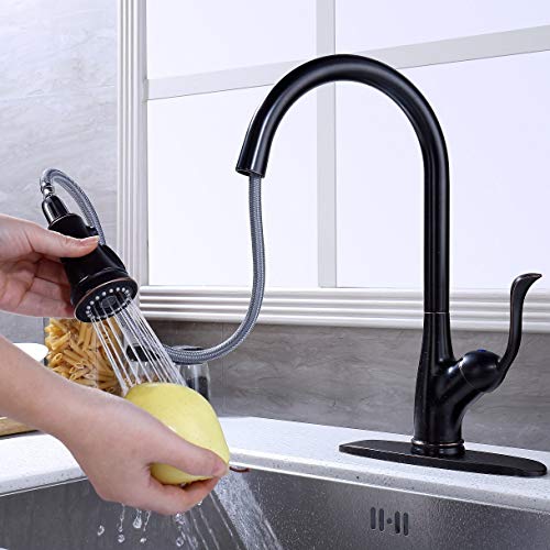 APPASO Pull Down Kitchen Faucet with Sprayer Oil Rubbed Bronze, Single Handle One Hole High Arc Pull Out Spray Head Kitchen Sink Faucet with Deck Plate