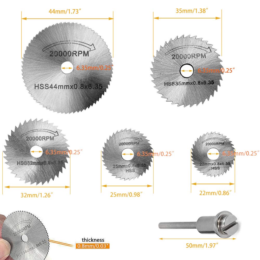 Saiper 12pcs/2Sets HSS Circular Wood Cutting Saw Blade Discs with 2pcs 1/8" Shank Extension Rod for Dremel Rotary Tool Mandrel