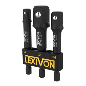 lexivon impact grade socket adapter set, 3" extension bit with holder | 3-piece 1/4", 3/8", and 1/2" drive, adapt your power drill to high torque impact wrench (lx-101)