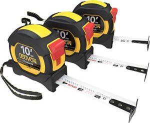 lexivon [3-pack] 10ft/3m dualock tape measure | 3/4-inch wide blade with nylon coating, matt finish white & yellow dual sided rule print | ft/inch/fractions/metric (lx-203)