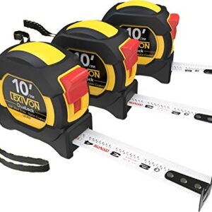 LEXIVON [3-Pack] 10Ft/3m DuaLock Tape Measure | 3/4-Inch Wide Blade with Nylon Coating, Matt Finish White & Yellow Dual Sided Rule Print | Ft/Inch/Fractions/Metric (LX-203)