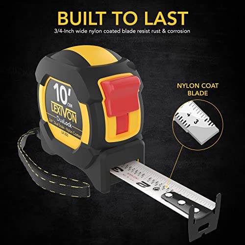 LEXIVON [3-Pack] 10Ft/3m DuaLock Tape Measure | 3/4-Inch Wide Blade with Nylon Coating, Matt Finish White & Yellow Dual Sided Rule Print | Ft/Inch/Fractions/Metric (LX-203)