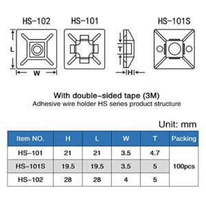 XHF 100 PCS 3/4" White Self Adhesive Cable Zip Tie Mounts Wire Cable Clips Holders Management Anchors Organizer Holders Squares(HS-101S)