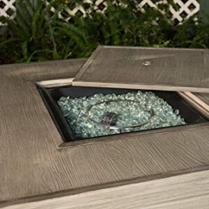 Fire Sense 62741 Langhorne Aluminum Convertible Gas Fire Pit Table 55,000 BTU Outdoor Multi-Functional Fire Pit with Fire Bowl Lid, Nylon Weather Cover & Clear Fire Glass - Barnwood Finish - Square