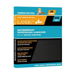 lanhu 220 grit sandpaper for wood furniture finishing, metal sanding and automotive polishing, dry or wet sanding, multipurpose sandpaper, 9 x 11 inches, 20-sheets