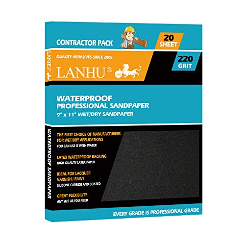 LANHU 220 Grit Sandpaper for Wood Furniture Finishing, Metal Sanding and Automotive Polishing, Dry or Wet Sanding, Multipurpose Sandpaper, 9 x 11 Inches, 20-Sheets