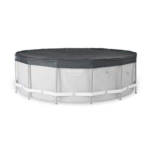 bestway flowclear pvc round 14 foot pool cover for above ground frame pools with drain holes and secure tie-down ropes, black (cover only)