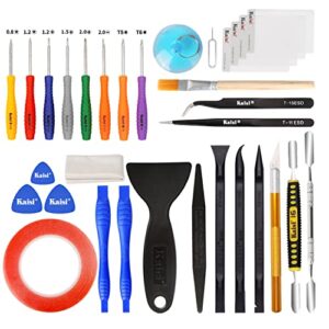 kaisi 32 in 1 professional electronics screen opening pry tool repair kit with steel and carbon fiber nylon spudgers, double side adhesive tape and 8 screwdrivers for open cellphone, laptops, tablets