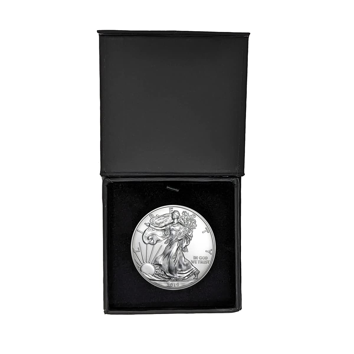 2019 - U.S. Silver Eagle in Plastic Air Tite in Magnet Close Black Gift Box - Gem Brilliant Uncirculated Dollar Uncirculated US Mint