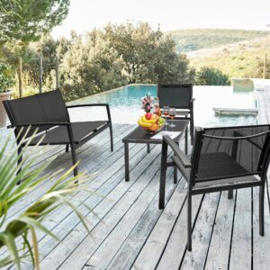 Flamaker 4 Pieces Outdoor Patio Furniture Textilene Modern Conversation Black Bistro Set with Loveseat Tea Table for Home, Lawn and Balcony