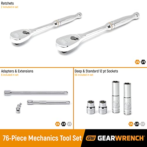 GEARWRENCH 76 Pc. 1/4" & 3/8" Drive 12 Pt. Standard & Deep Mechanics Tool Set, SAE/Metric - 80948