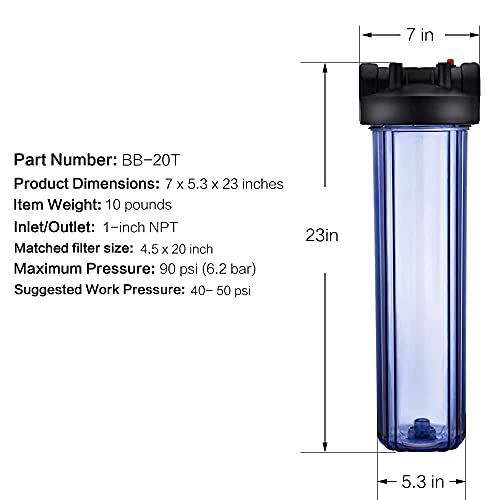 Geekpure 20 Inch Whole House Water Filter Housing 1"NPT Brass Port with Wrench Bracket -4.5 x 20 Inch - Clear (Pack of 2)