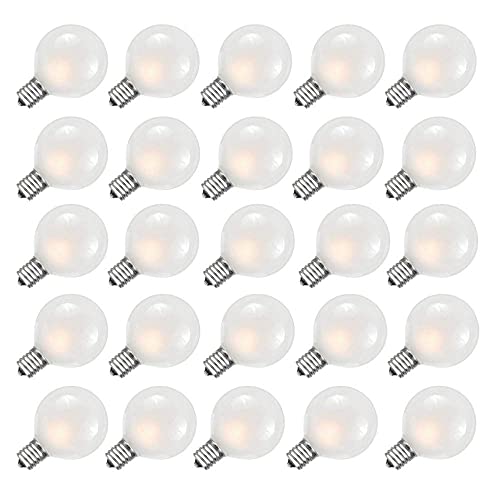 25 Pack G40 Frosted White Light Bulbs Replacement, 1.5 Inch Globe G40 Outdoor Patio String Light Bulbs, 5W Light Bulbs with C7/E12 Candelabra Base for Outdoor Garden Patio Party Decor, Frosted White