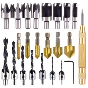 rocaris 23-pack woodworking chamfer drilling tool, 6pcs 1/4" hex 5 flute 90 degree countersink drill bits, 7pcs three pointed with l-wrench, 8pcs wood plug cutter, and automatic