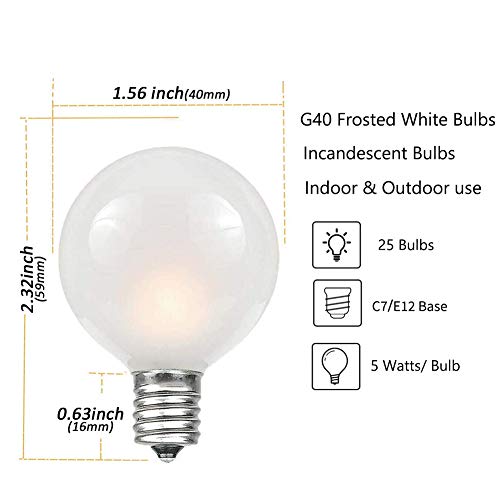 25 Pack G40 Frosted White Light Bulbs Replacement, 1.5 Inch Globe G40 Outdoor Patio String Light Bulbs, 5W Light Bulbs with C7/E12 Candelabra Base for Outdoor Garden Patio Party Decor, Frosted White