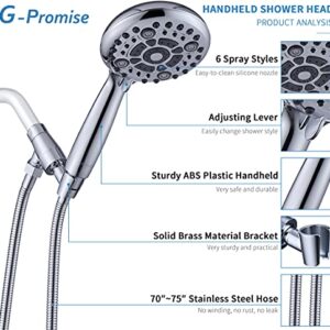 G-Promise Handheld Shower Head High Pressure 6 Spray Settings, Detachable Hand Held Showerhead 4.9" Face with Extra Long Flexible Hose and Metal Adjustable Bracket
