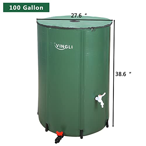 VINGLI 100 Gallon Collapsible Rain Barrel, Portable Water Storage Tank, Rainwater Collection System Downspout, Water Catcher Container with Filter Spigot Overflow Kit