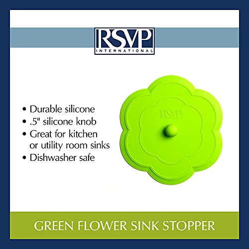 RSVP International Green Silicone Flower Kitchen Stopper, 6" | Sink Plug | Water-Tight Seal | Durable Silicone Withstands Hot Water | Dishwasher Safe