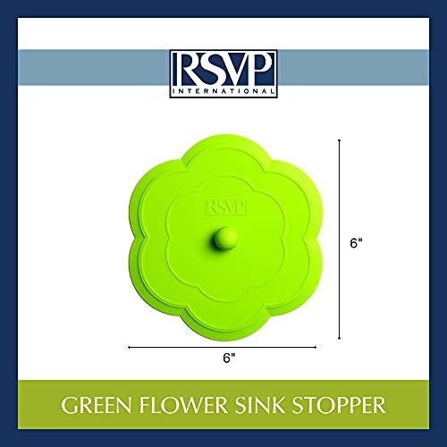 RSVP International Green Silicone Flower Kitchen Stopper, 6" | Sink Plug | Water-Tight Seal | Durable Silicone Withstands Hot Water | Dishwasher Safe