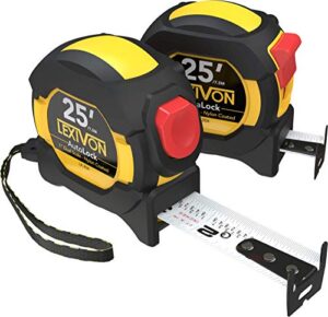 lexivon [2-pack] 25ft/7.5m tape measure, dualock & autolock | 1-inch wide blade with nylon coating, matt finish white & yellow dual sided rule print | ft/inch/fractions/metric (lx-204)