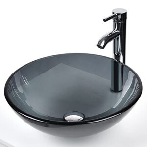 bathroom vessel sink, round glass vessel sink basin with faucet pop-up drain, grey