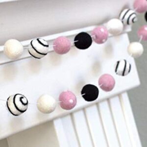 Pink Black White Felt Ball Swirl and Dot Garland- Children Home Decor, Valentine's Holiday- 1" (2.5 cm) Wool Felt Balls