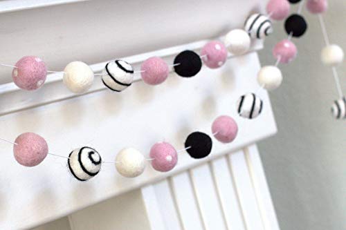 Pink Black White Felt Ball Swirl and Dot Garland- Children Home Decor, Valentine's Holiday- 1" (2.5 cm) Wool Felt Balls