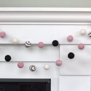 Pink Black White Felt Ball Swirl and Dot Garland- Children Home Decor, Valentine's Holiday- 1" (2.5 cm) Wool Felt Balls